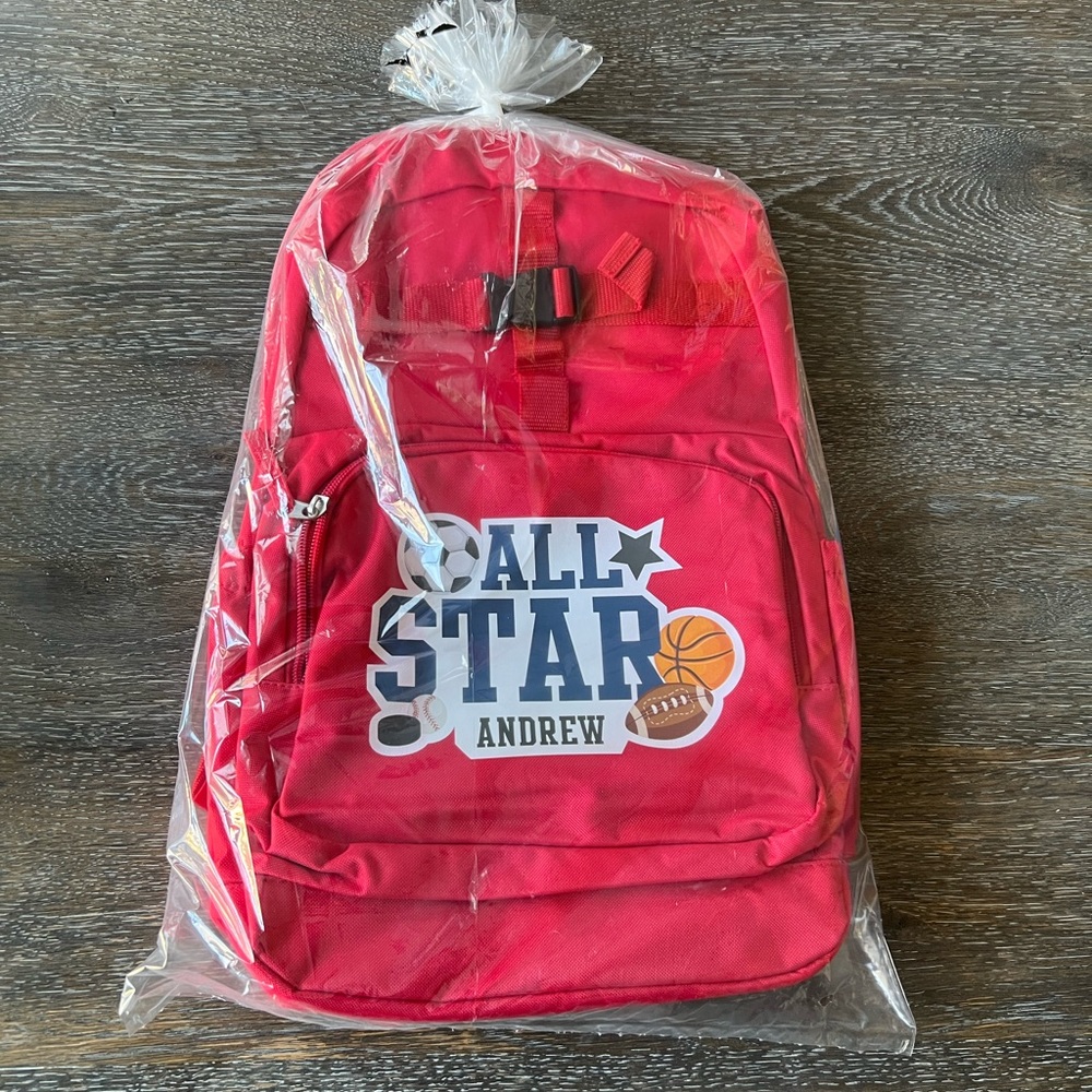 2/$40 NWT personalized Andrew all star backpack with sport balls. Great gift New